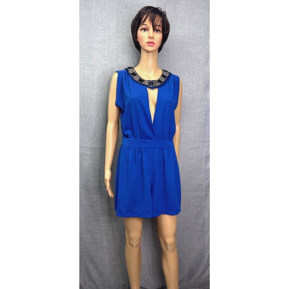 Fine Illusion Pants - Fine Illusion Elegant Romper Women's Size Small Beaded Halter Neck  Blue